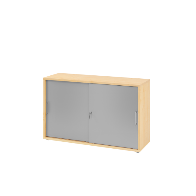 Schiebetürenschrank aus Holz - 2 Ordnerhöhen - zerlegt - ahorn/silber - Bügelgriff Metall