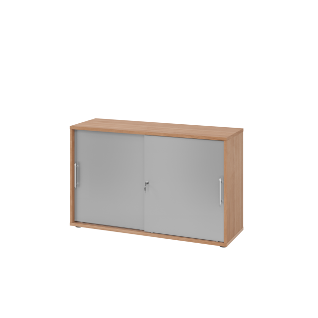 Schiebetürenschrank aus Holz - 2 Ordnerhöhen - zerlegt - nussbaum/silber - Relinggriff Kunststoff