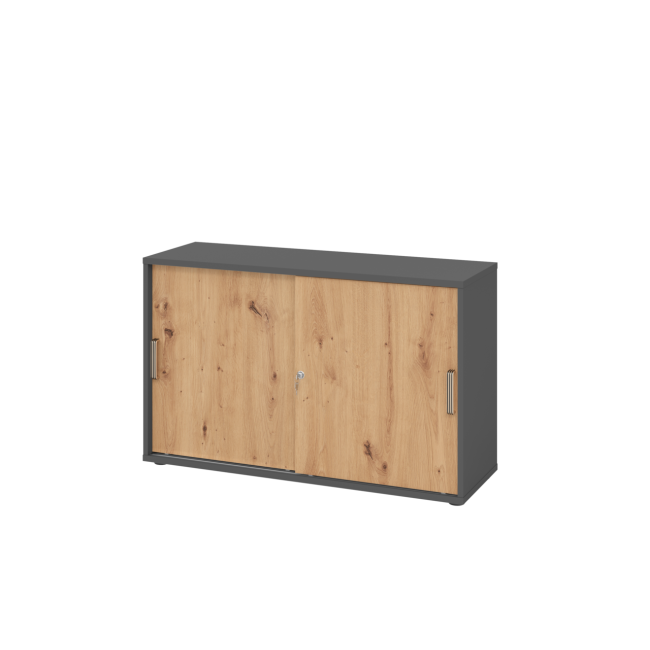 Schiebetürenschrank aus Holz - 2 Ordnerhöhen - zerlegt - graphit/asteiche - Streifengriff Kunststoff