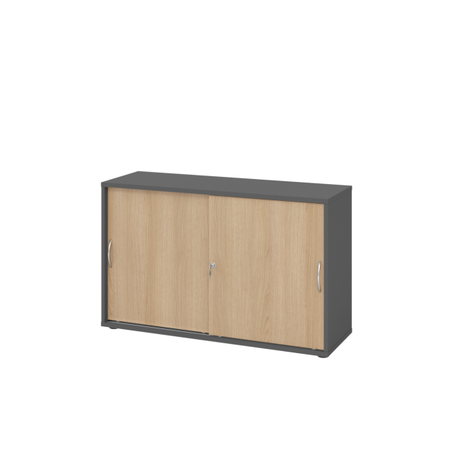 Schiebetürenschrank aus Holz - 2 Ordnerhöhen - zerlegt - graphit/eiche - Bogengriff Metall