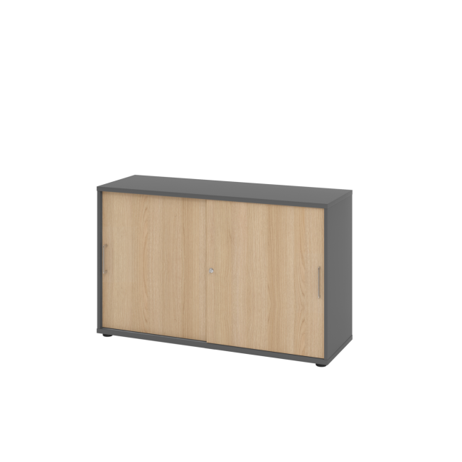 Schiebetürenschrank aus Holz - 2 Ordnerhöhen - zerlegt - graphit/eiche - Bügelgriff Metall
