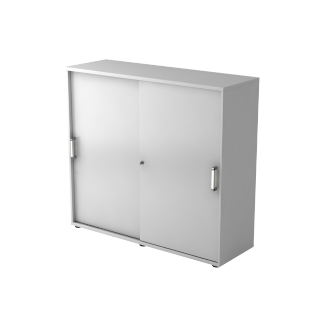 Schiebetürenschrank aus Holz - 3 Ordnerhöhen - zerlegt - grau - Chromgriff Metall