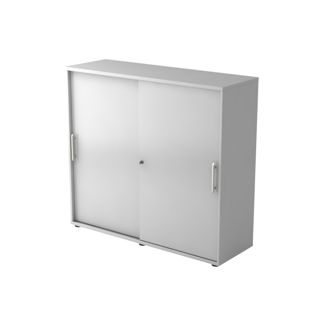 Schiebetürenschrank aus Holz - 3 Ordnerhöhen - zerlegt - grau - Relinggriff Kunststoff