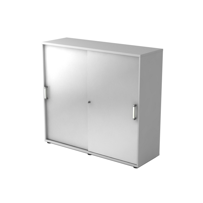 Schiebetürenschrank aus Holz - 3 Ordnerhöhen - zerlegt - grau/silber - Chromgriff Metall