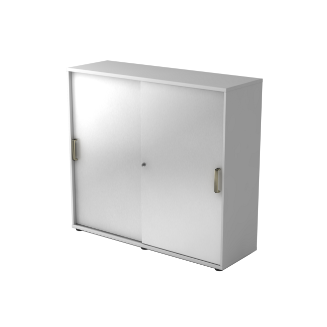 Schiebetürenschrank aus Holz - 3 Ordnerhöhen - zerlegt - grau/silber - Streifengriff Kunststoff