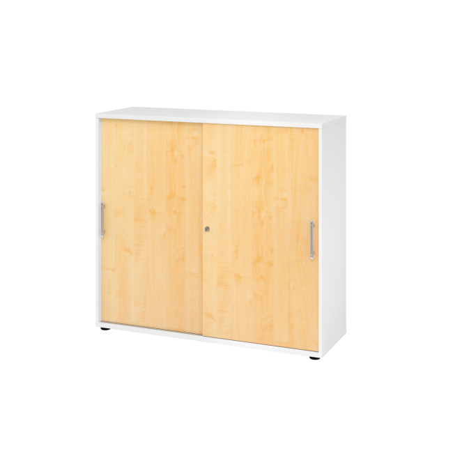 Schiebetürenschrank aus Holz - 3 Ordnerhöhen - zerlegt - weiß/ahorn - Relinggriff Kunststoff
