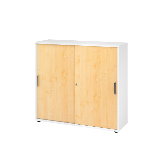 Schiebetürenschrank aus Holz - 3 Ordnerhöhen - zerlegt - weiß/ahorn - Streifengriff Kunststoff