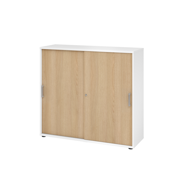 Schiebetürenschrank aus Holz - 3 Ordnerhöhen - zerlegt - weiß/eiche - Chromgriff Metall
