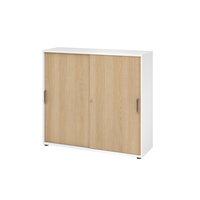 Schiebetürenschrank aus Holz - 3 Ordnerhöhen - zerlegt - weiß/eiche - Streifengriff Kunststoff