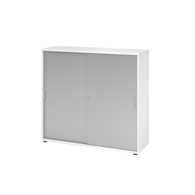 Schiebetürenschrank aus Holz - 3 Ordnerhöhen - zerlegt - weiß/silber - Bügelgriff Metall