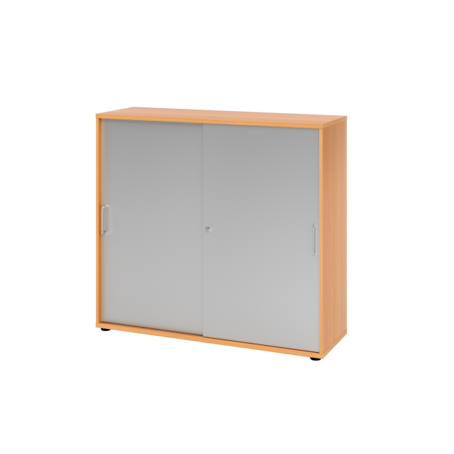 Schiebetürenschrank aus Holz - 3 Ordnerhöhen - zerlegt - buche/silber - Bügelgriff Metall