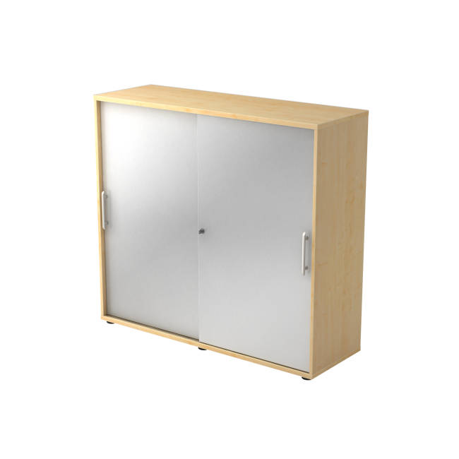 Schiebetürenschrank aus Holz - 3 Ordnerhöhen - zerlegt - ahorn/silber - Relinggriff Kunststoff