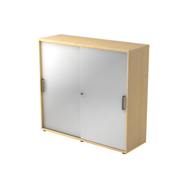 Schiebetürenschrank aus Holz - 3 Ordnerhöhen - zerlegt - ahorn/silber - Streifengriff Kunststoff