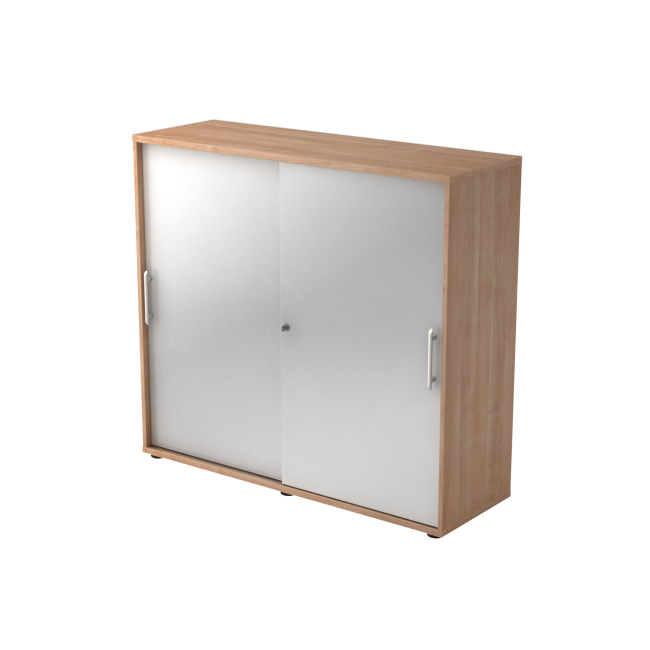 Schiebetürenschrank aus Holz - 3 Ordnerhöhen - zerlegt - nussbaum/silber - Relinggriff Kunststoff