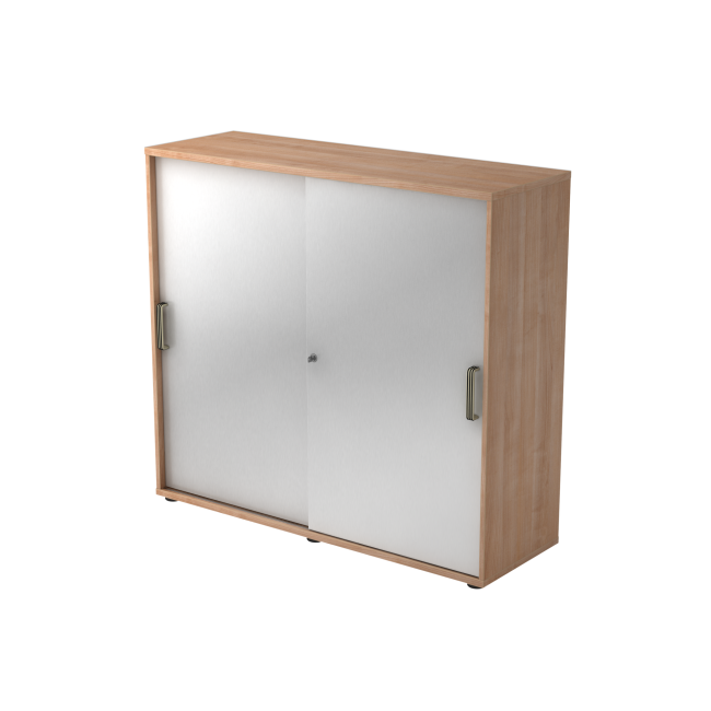Schiebetürenschrank aus Holz - 3 Ordnerhöhen - zerlegt - nussbaum/silber - Streifengriff Kunststoff