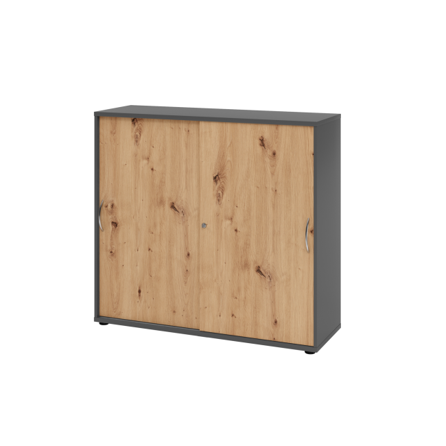 Schiebetürenschrank aus Holz - 3 Ordnerhöhen - zerlegt - graphit/asteiche - Bogengriff Metall