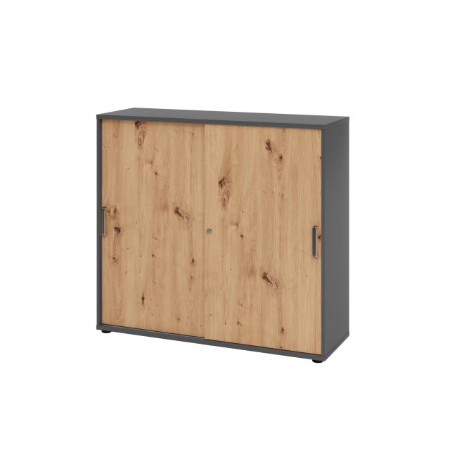Schiebetürenschrank aus Holz - 3 Ordnerhöhen - zerlegt - graphit/asteiche - Streifengriff Kunststoff