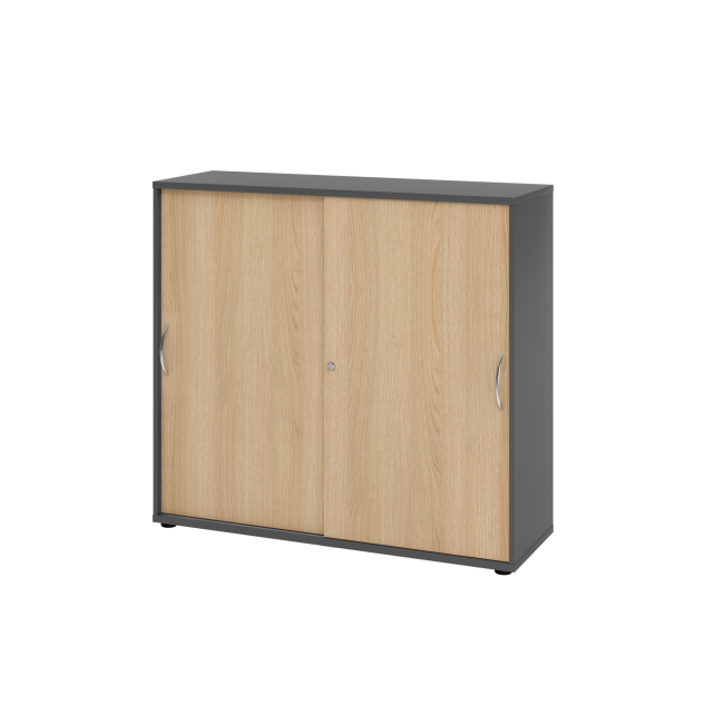 Schiebetürenschrank aus Holz - 3 Ordnerhöhen - zerlegt - graphit/eiche - Bogengriff Metall