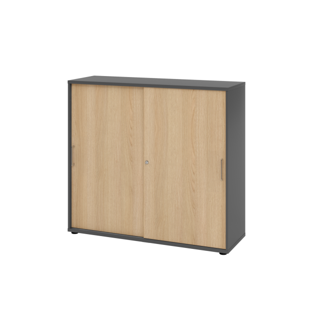 Schiebetürenschrank aus Holz - 3 Ordnerhöhen - zerlegt - graphit/eiche - Bügelgriff Metall
