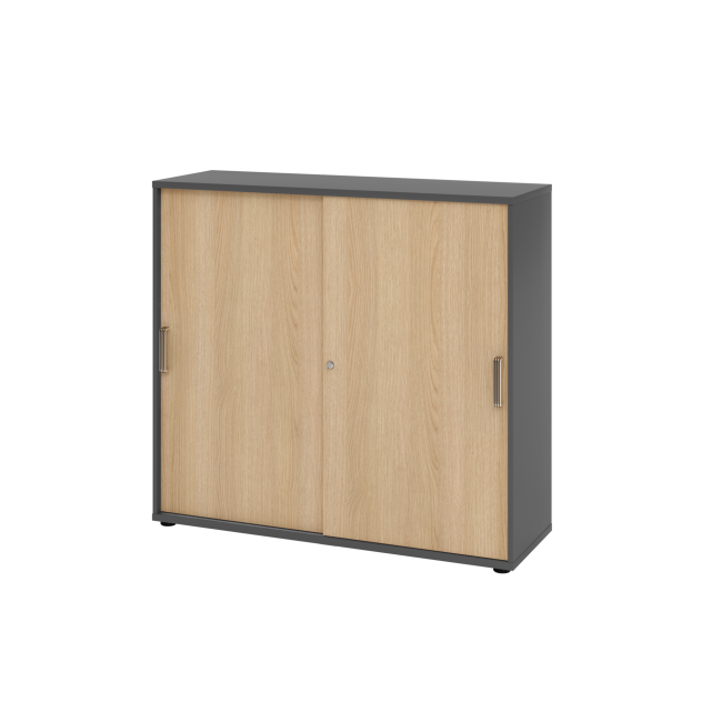 Schiebetürenschrank aus Holz - 3 Ordnerhöhen - zerlegt - graphit/eiche - Streifengriff Kunststoff