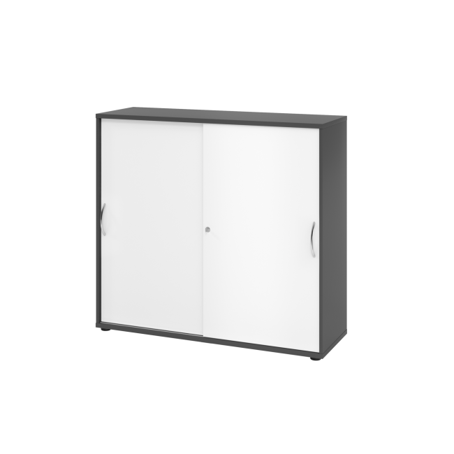 Schiebetürenschrank aus Holz - 3 Ordnerhöhen - zerlegt - graphit/weiß - Bogengriff Metall