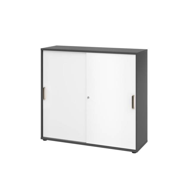 Schiebetürenschrank aus Holz - 3 Ordnerhöhen - zerlegt - graphit/weiß - Streifengriff Kunststoff