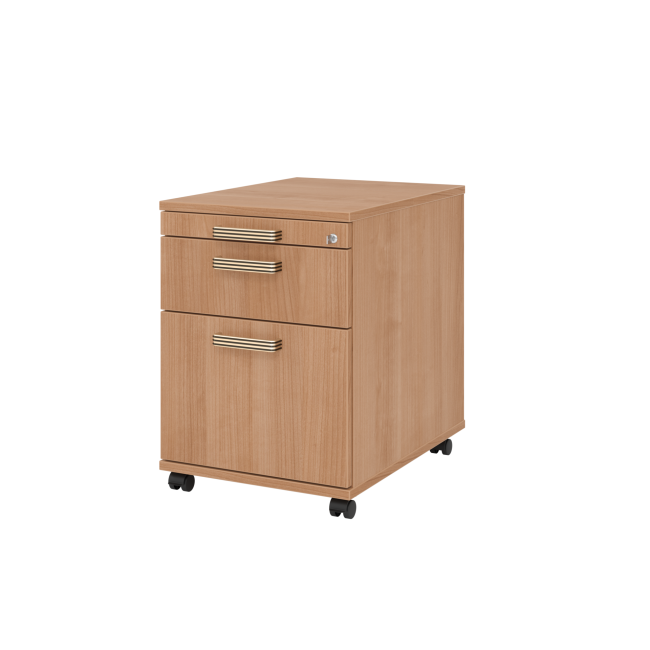 Rollcontainer aus Holz - 3 Schubladen - nussbaum - Streifengriff Kunststoff