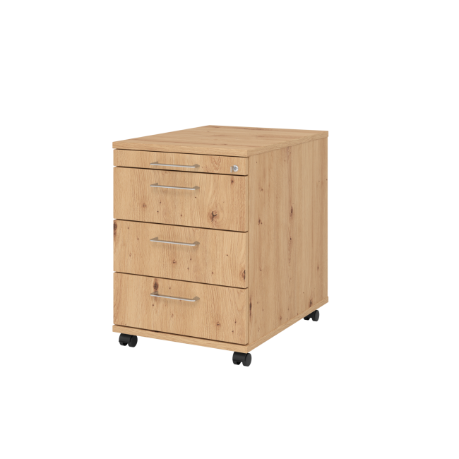 Rollcontainer aus Holz - 4 Schubladen - asteiche - Bügelgriff Metall