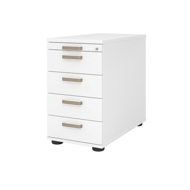 Standcontainer aus Holz - 5 Schubladen - weiß - Streifengriff Kunststoff