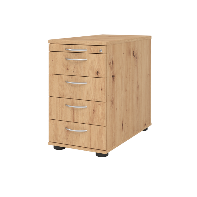 Standcontainer aus Holz - 5 Schubladen - asteiche - Bogengriff Metall