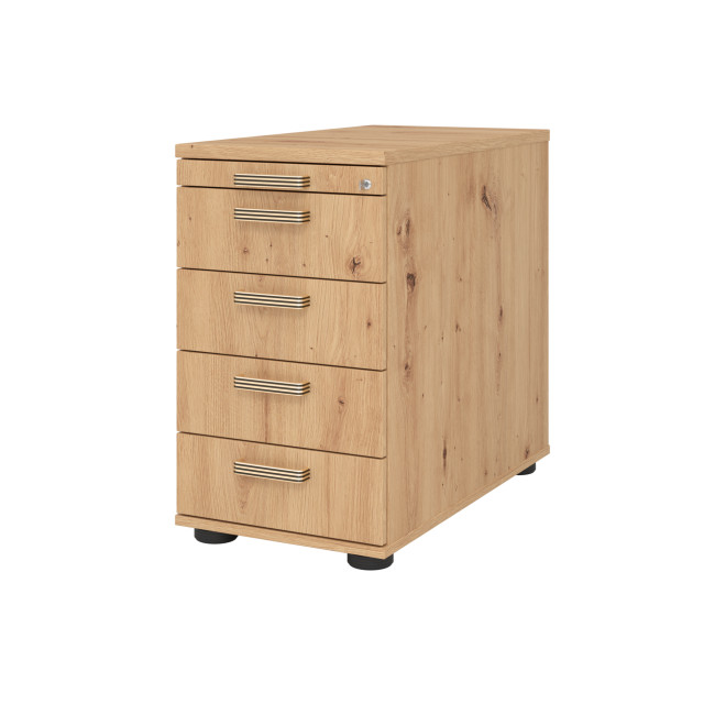 Standcontainer aus Holz - 5 Schubladen - asteiche - Streifengriff Kunststoff