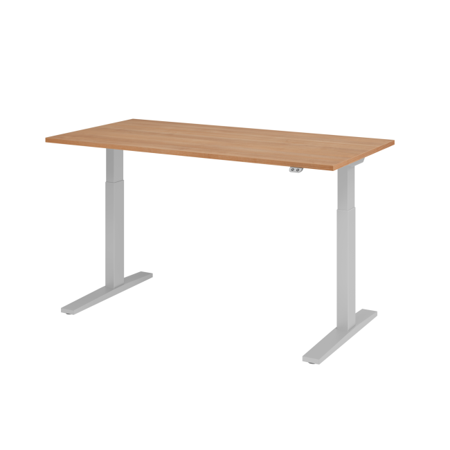 E-Tisch Mumbai - elektr. höhenverstellbar - T-Fuß - 1600 mm - silber/nussbaum