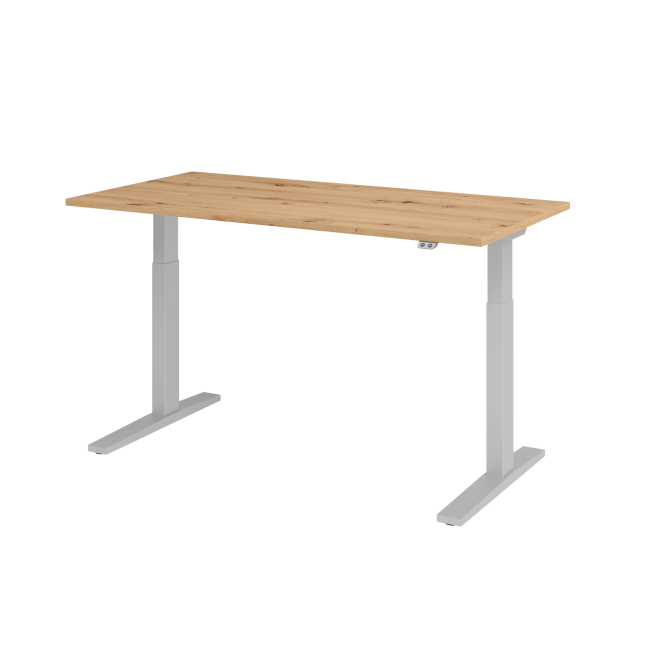E-Tisch Mumbai - elektr. höhenverstellbar - T-Fuß - 1600 mm - silber/asteiche