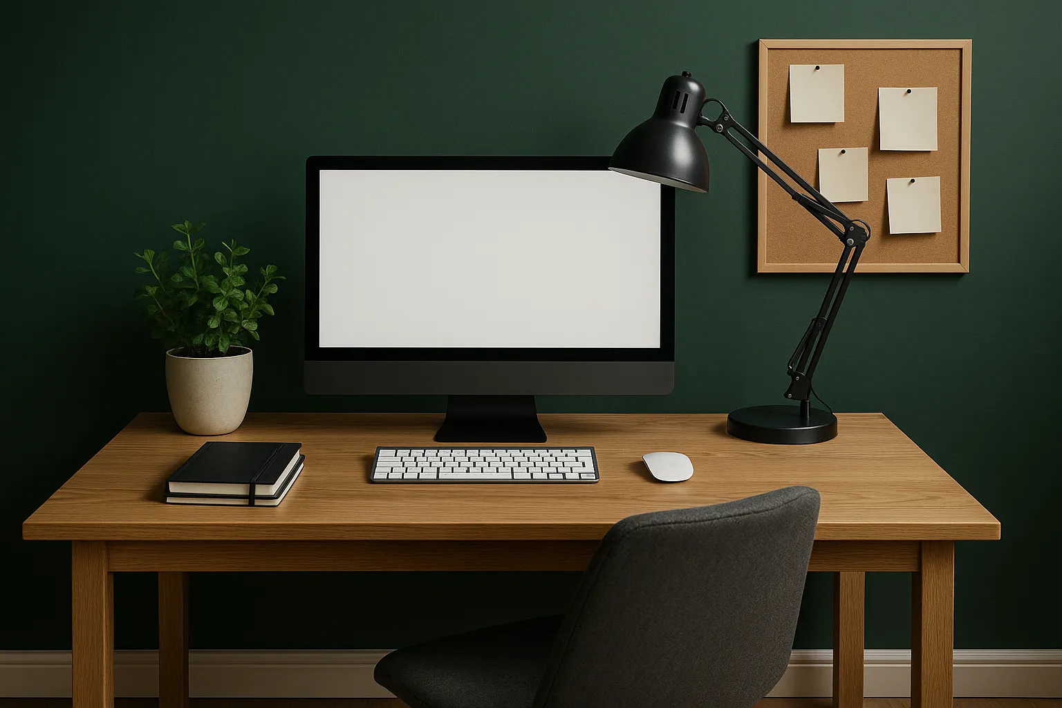 Darstellung eines Home-Office-Arbeitsplatzes mit grüner Wandfarbe.