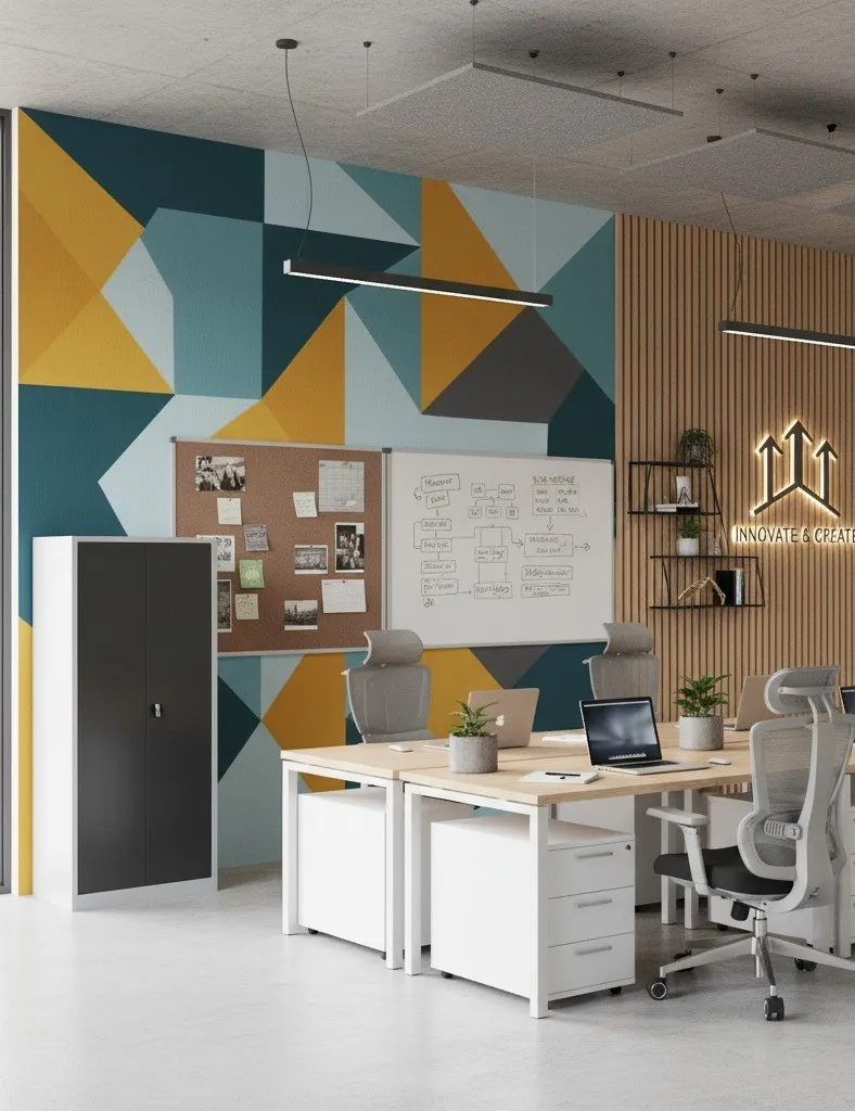 Open Concept Office mit geometrischer Wandbemalung, Pinnwand, Whiteboard