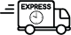 Schwarz-weißes Icon eines Express-Lieferwagens mit Uhrsymbol, die Uhr zeigt 10 Uhr. Symbolisiert Expresslieferung zwischen 8 und 10 Uhr.